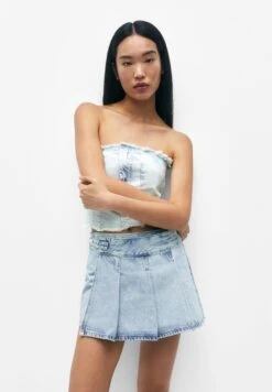 PULL & BEAR With Box Pleats- Wikkelrok - Stone Blue Denim
