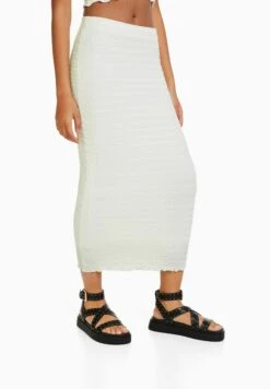 BERSHKA Waffle - A-Lijn Rok - White -Kleding Hoog Verkoopwinkel df1ac10d13d941718e7f53236496a989